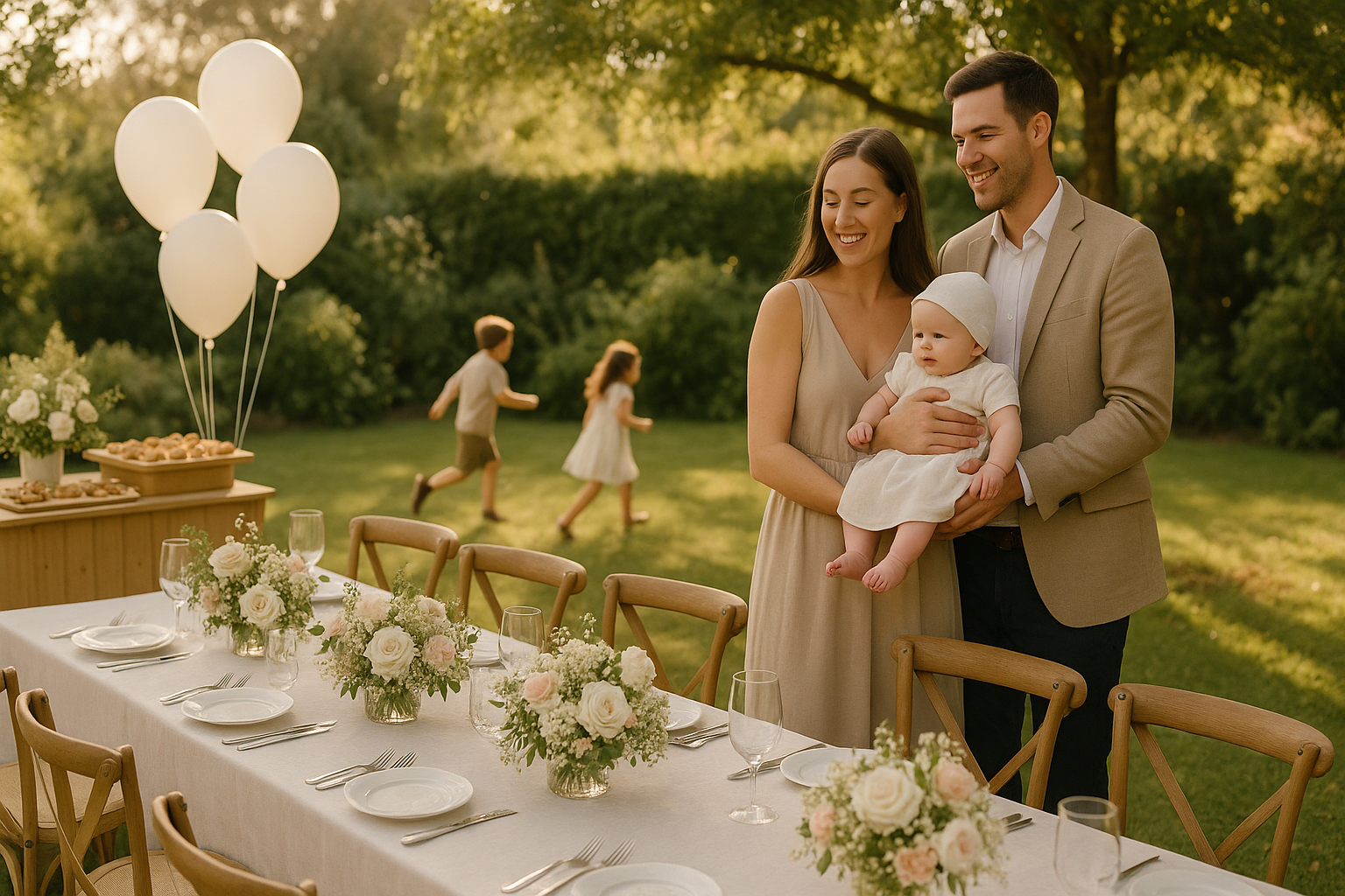 celebración elegante de bautizo con decoración y catering