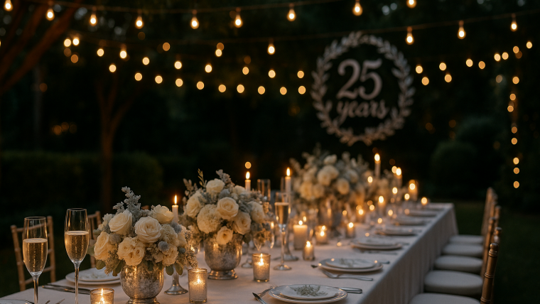 celebración elegante de bodas de plata en jardín con catering