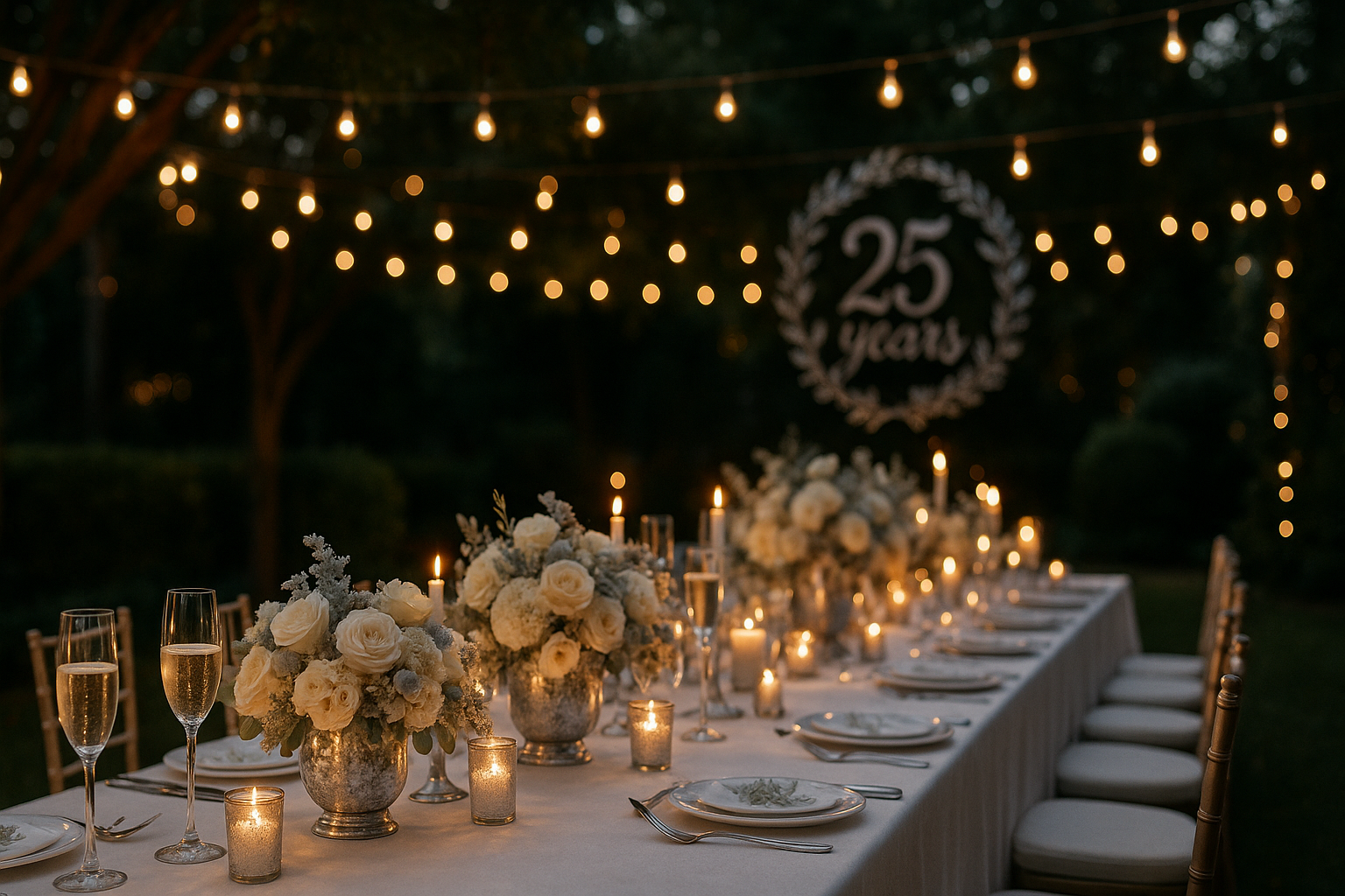 celebración elegante de bodas de plata en jardín con catering