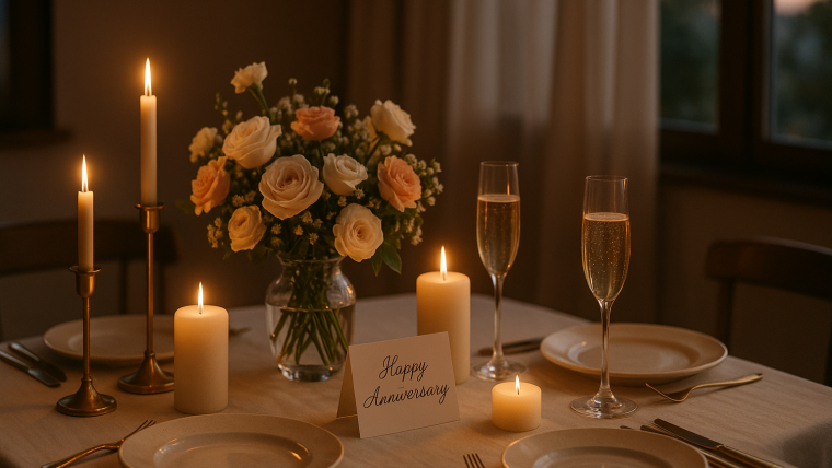 mesa decorada para celebrar aniversario con flores, velas y copa de cava