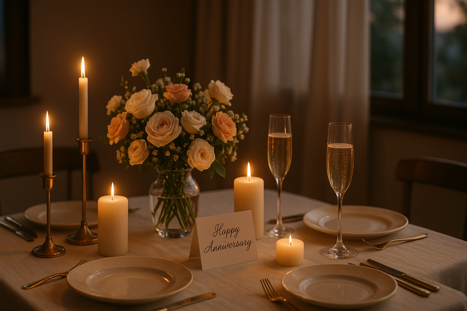mesa decorada para celebrar aniversario con flores, velas y copa de cava