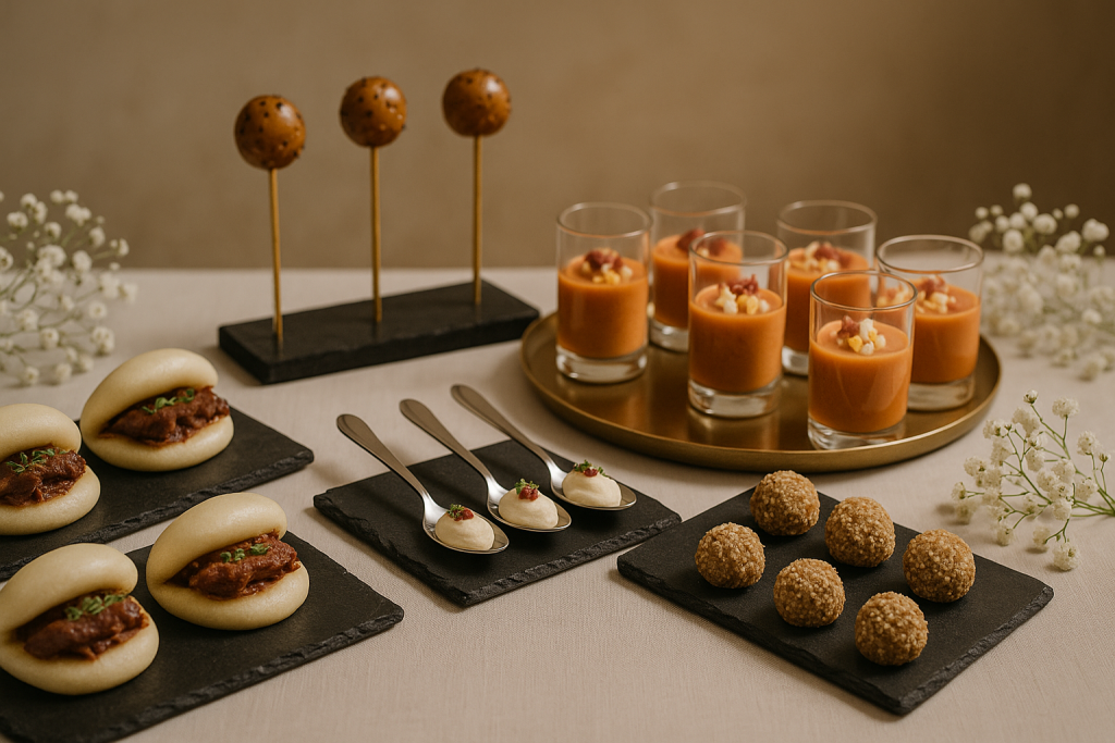  Menú Canela de Catering Azafrán con aperitivos gourmet y presentación refinada.