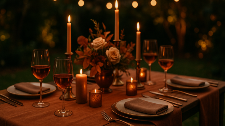 celebración elegante de boda de bronce con cena íntima y decoración en tonos cobre