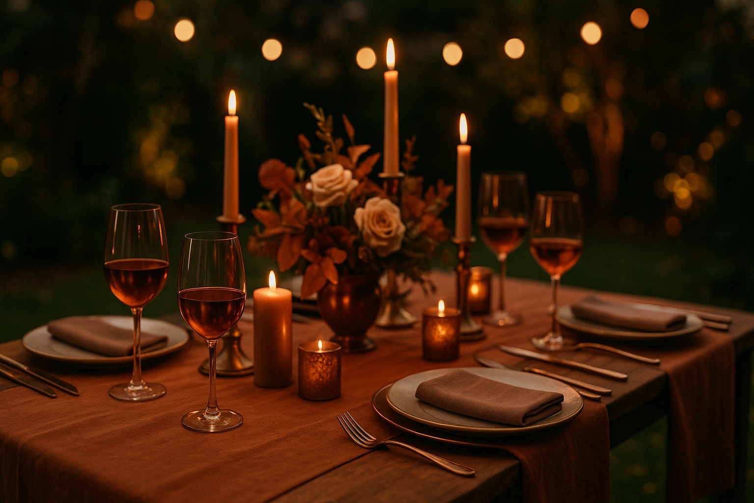 celebración elegante de boda de bronce con cena íntima y decoración en tonos cobre