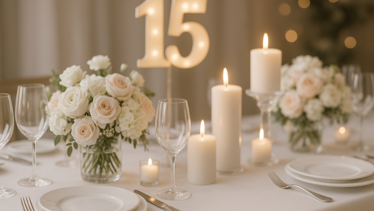 celebración de bodas de cristal con decoración elegante y cena íntima