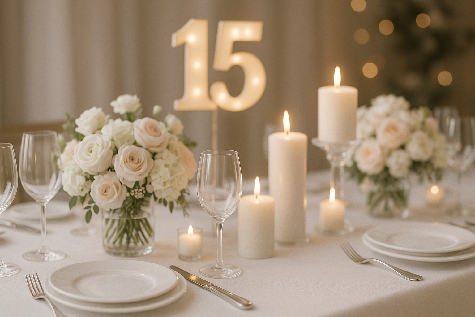 celebración de bodas de cristal con decoración elegante y cena íntima
