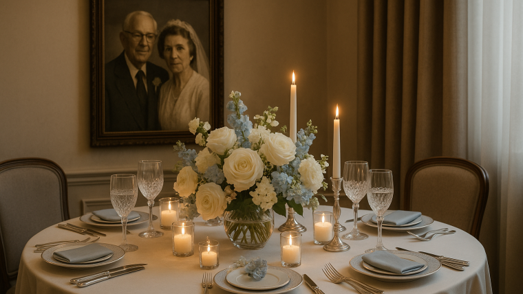 celebración boda de diamante con decoración elegante y mesa con copas y flores