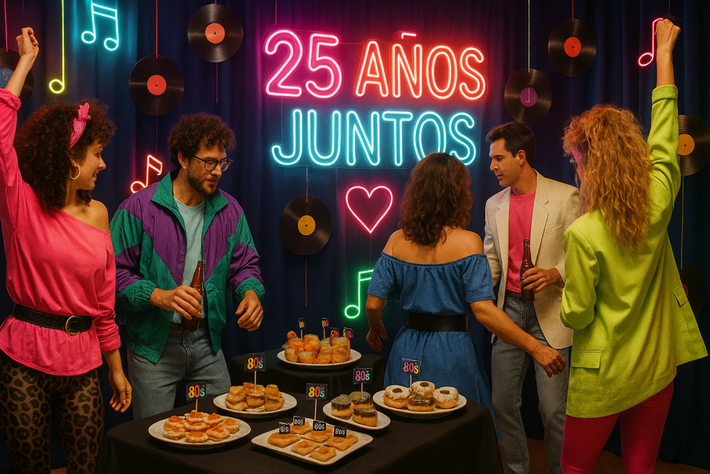 fiesta temática años 80 para bodas de plata divertidas con decoración retro
