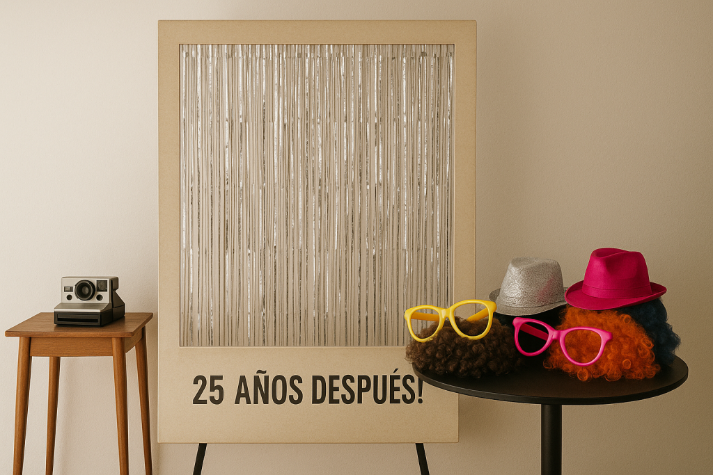 rincón fotográfico divertido para bodas de plata con accesorios y marco vintage