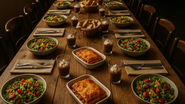 comida económica para 20 personas servida en mesa elegante