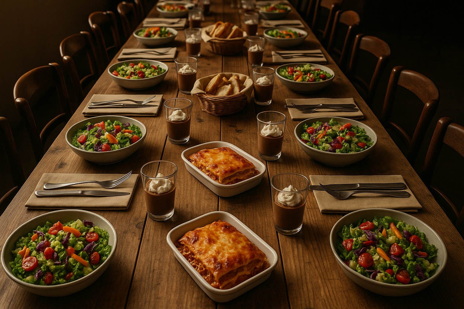 comida económica para 20 personas servida en mesa elegante