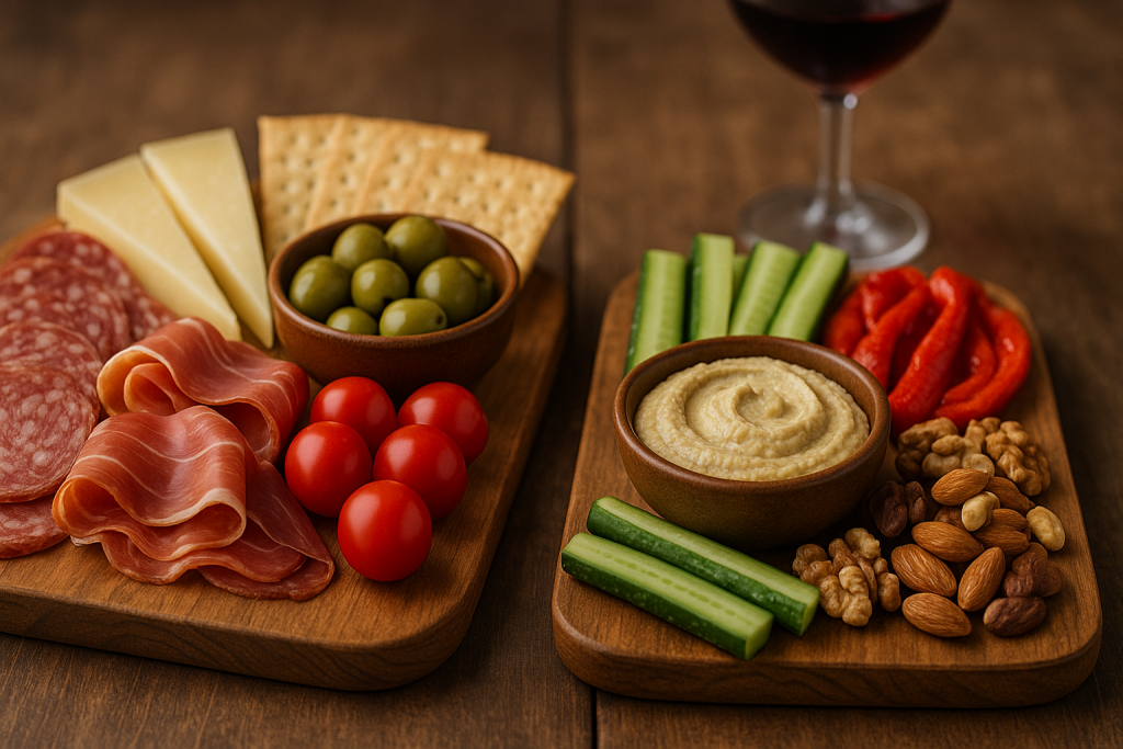 tabla de quesos y embutidos con opción veggie en mesa elegante

