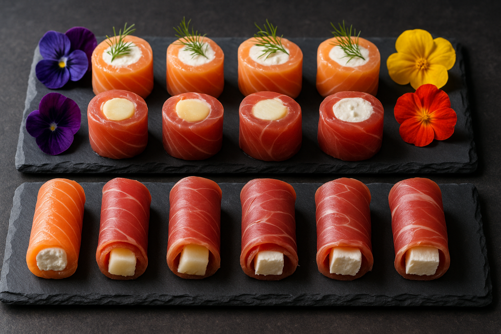 rollitos fríos de salmón y jamón rellenos con decoración gourmet
