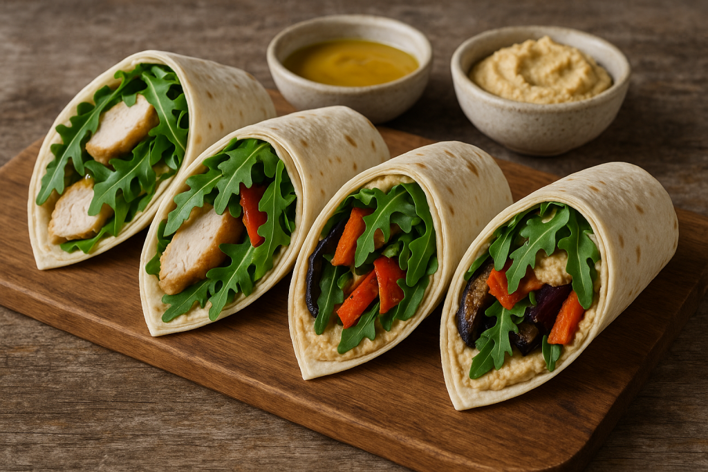 wraps gourmet enrollados y cortados en presentación rústica

