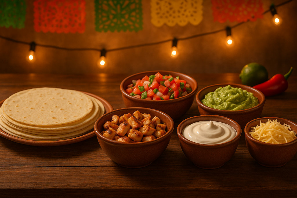 estación de tacos personalizables con ingredientes frescos

