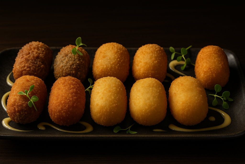 mini croquetas gourmet variadas en bandeja con decoración