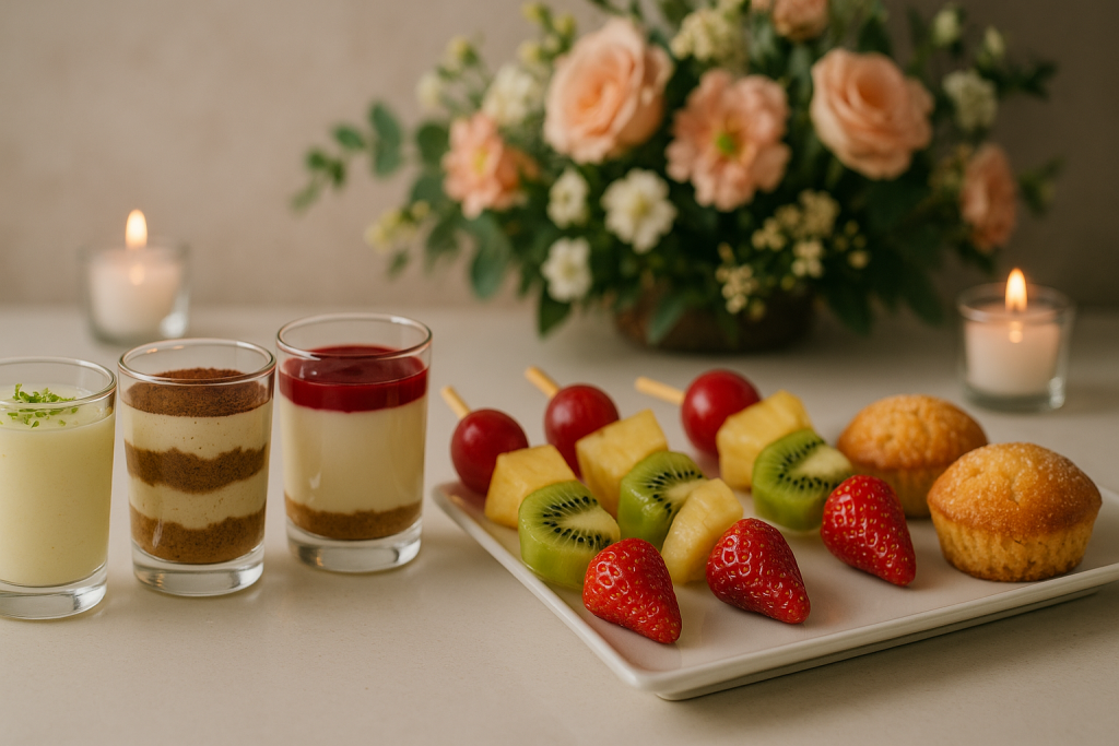 barra de postres elegantes con mousse y frutas frescas