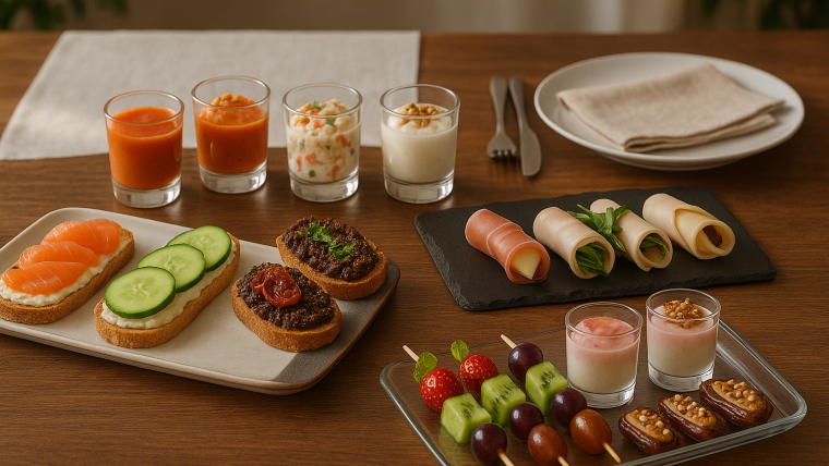 Cena tipo picoteo sin cocinar con variedad de aperitivos fríos gourmet en mesa elegante