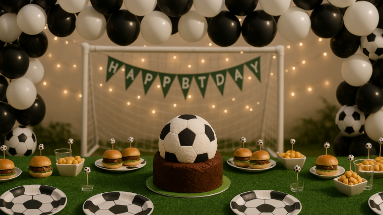 cumpleaños temática fútbol con comida decorada y mesa ambientada