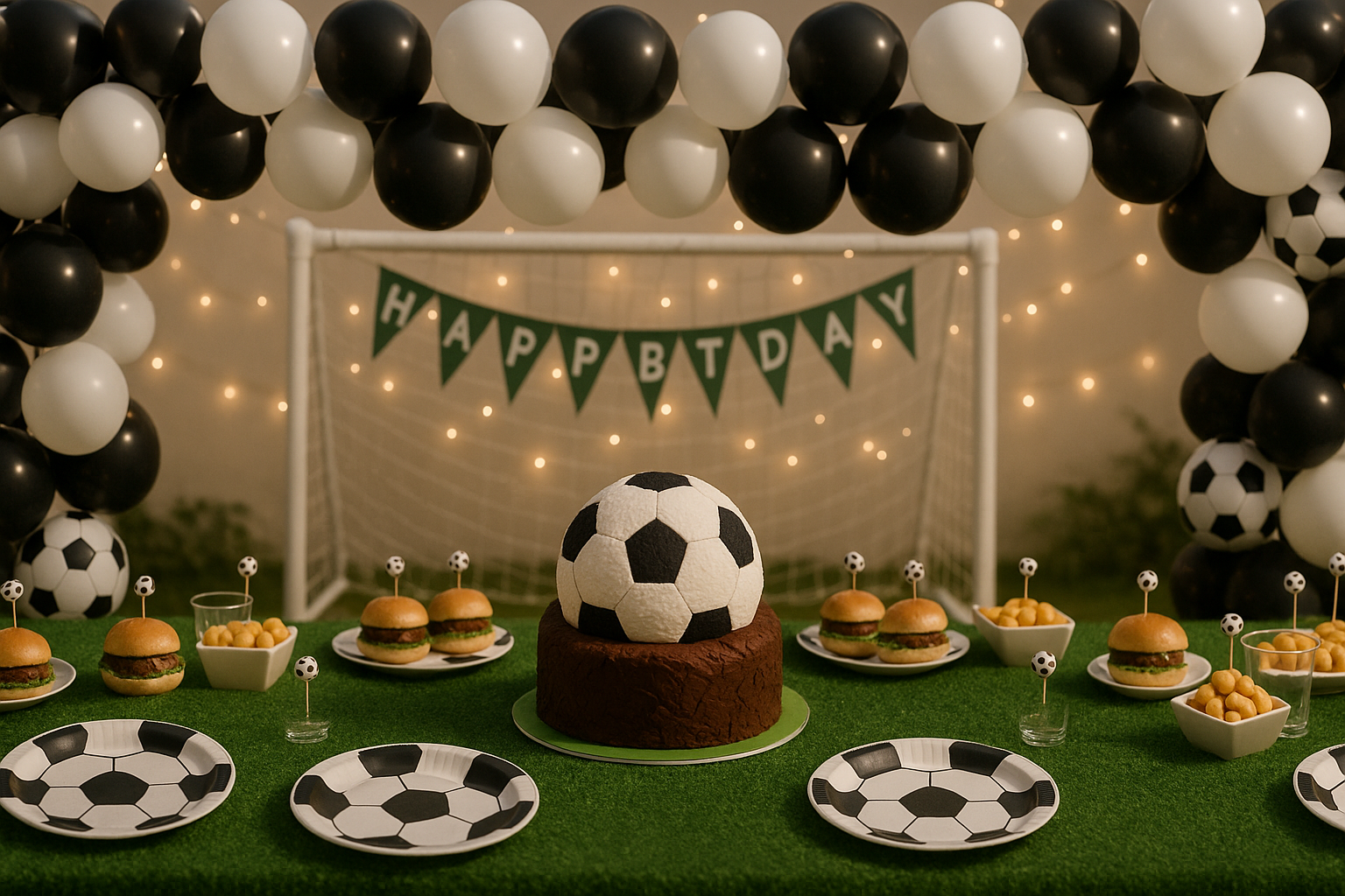 cumpleaños temática fútbol con comida decorada y mesa ambientada