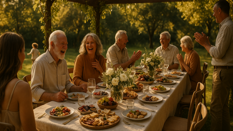 fiesta familiar elegante al aire libre con comida y decoración natural