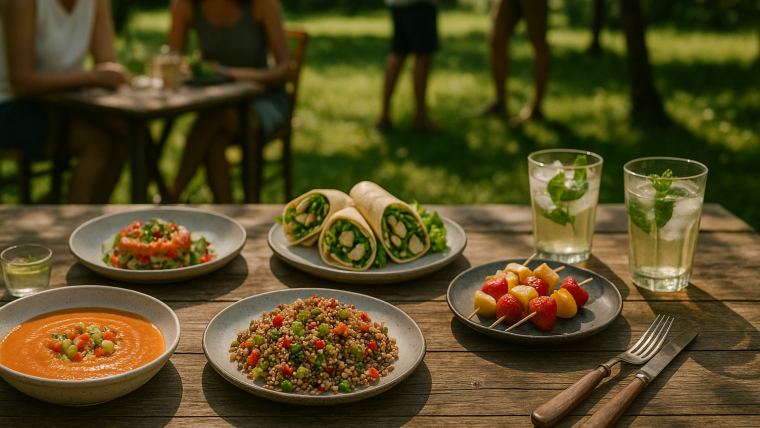 platos fríos de verano servidos en mesa de jardín con menú variado