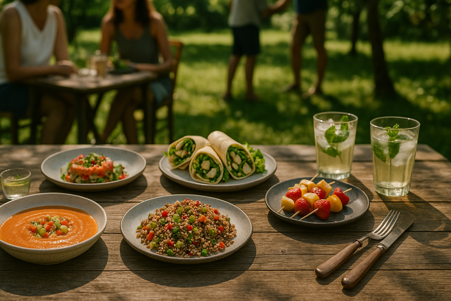 platos fríos de verano servidos en mesa de jardín con menú variado