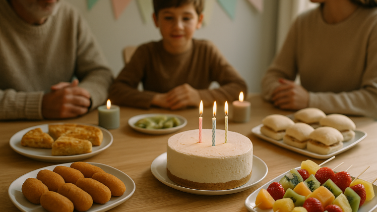 menú para cumpleaños familiar en casa con platos variados y decoración