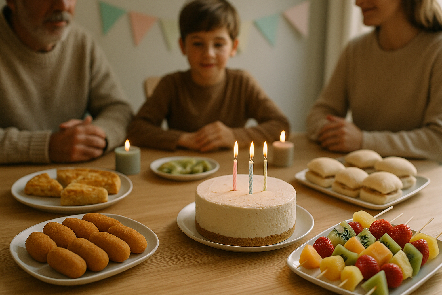 menú para cumpleaños familiar en casa con platos variados y decoración