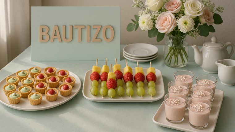 mesa decorada para bautizo en casa con menú elegante y económico