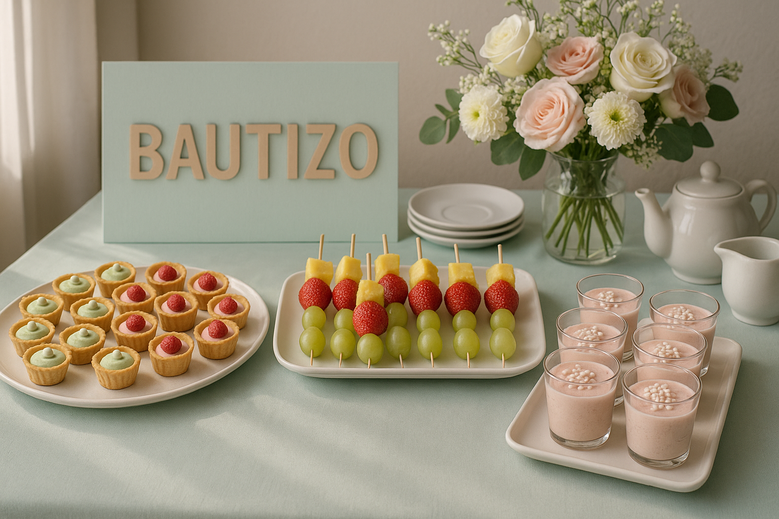 mesa decorada para bautizo en casa con menú elegante y económico