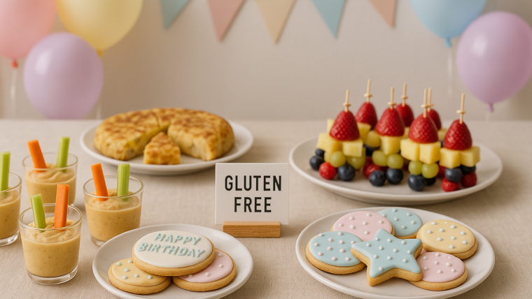 comida sin gluten para cumpleaños en casa en mesa decorada