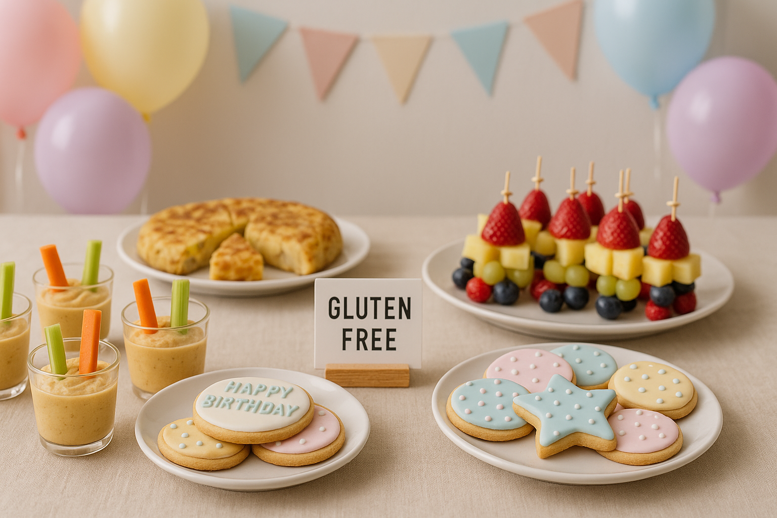 comida sin gluten para cumpleaños en casa en mesa decorada