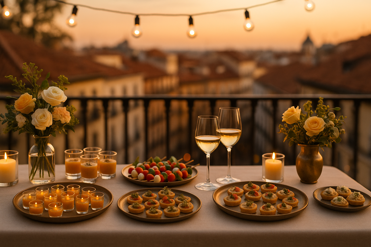 mesa de cóctel en terraza en Madrid con comida gourmet y decoración elegante