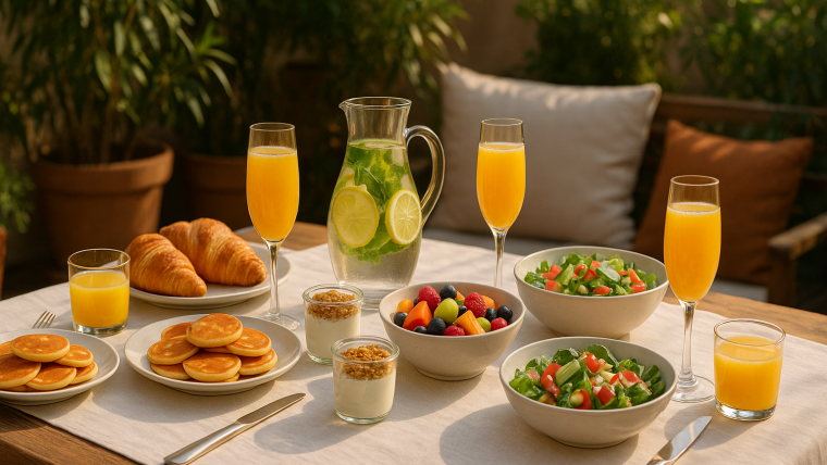 brunch familiar en casa con comida casera y presentación elegante