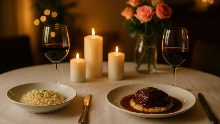 comida romántica para aniversario en casa con velas y menú gourmet