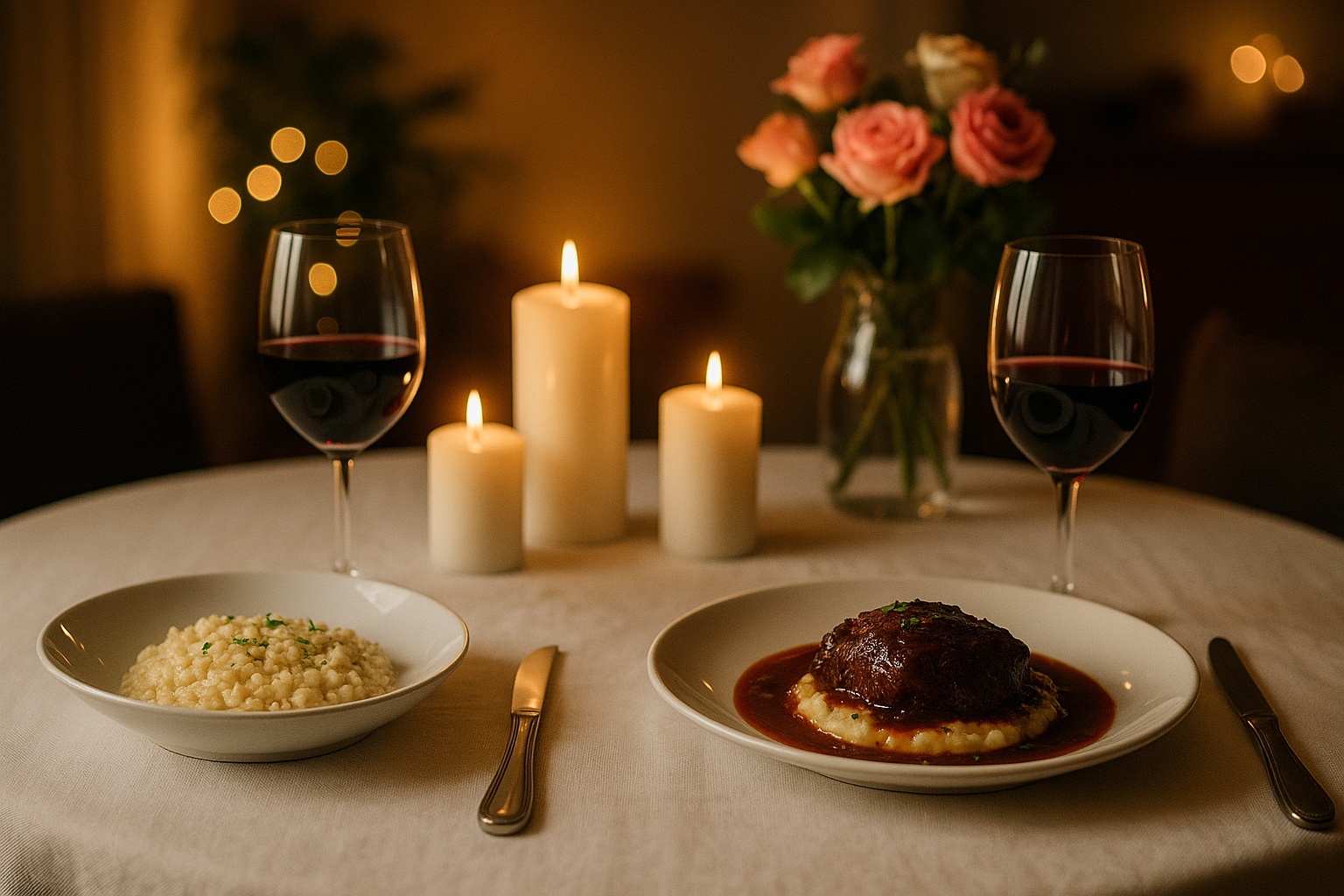 comida romántica para aniversario en casa con velas y menú gourmet