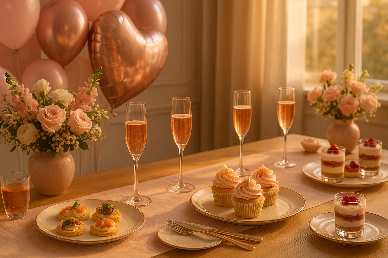 mesa para despedida de soltera en casa con catering elegante en Madrid